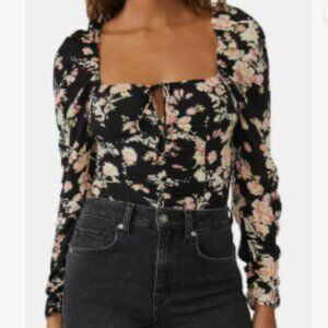 Free People NWT Hilary Printed Top Black Floral Long Sleeve